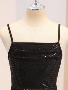 Vestido largo de sirena de satén con tirantes finos, patchwork de lentejuelas, ajustado, de alta gama para niñas, para temporada de bodas, baile de graduación, actuación, fiesta de cumpleaños, banquete, fiesta de noche, todas las estaciones, otoño - Negro - Ver 4
