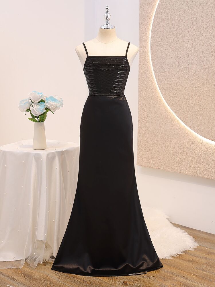 Wedding Season Girls' High-End Sequin Patchwork Satin Fitted Spaghetti Strap Mermaid Long Dress For Prom, Performance, Birthday Party, Banquet, Evening Party, All Seasons, Autumn - Black - View 6