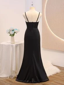 Vestido largo de sirena de satén con tirantes finos, patchwork de lentejuelas, ajustado, de alta gama para niñas, para temporada de bodas, baile de graduación, actuación, fiesta de cumpleaños, banquete, fiesta de noche, todas las estaciones, otoño - Negro - Ver 5