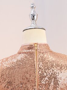 SHEIN 青少年女孩亮片拼接緞面立領短袖收腰大裙擺長洋裝 金色 秋季 優雅可愛 新年正式派對舞會禮服 - 香檳色 - 查看 7