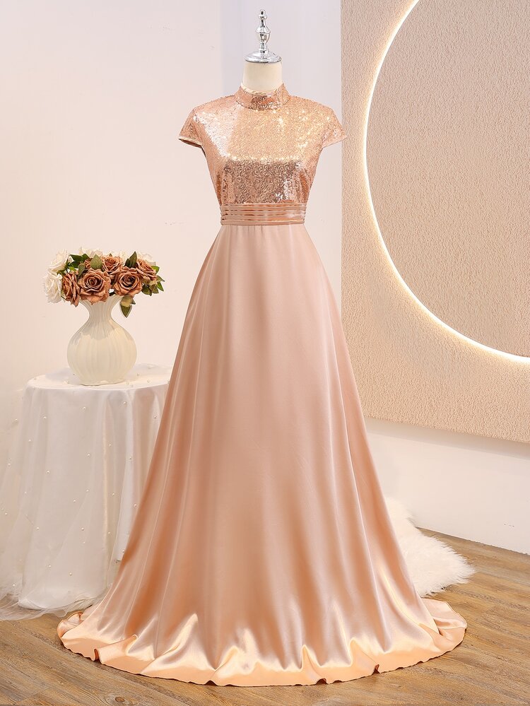 SHEIN Teen Girls Sequin Patchwork Satin Stand Collar Short Sleeve Cinched Waist Full Skirt Long Dress Prom Gold Fall Elegant Cute New Year Formal Party - Champagne - View 3