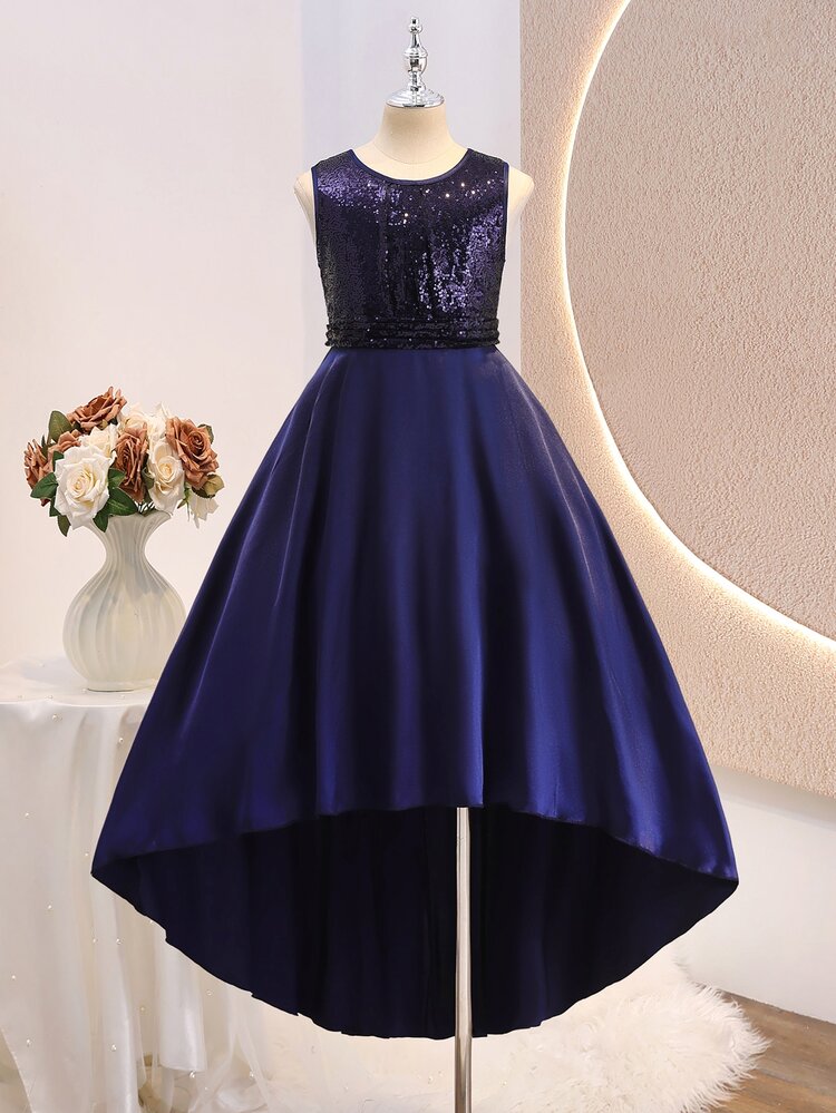 Wedding Season Girls' High-End Sequin Patchwork Satin Sleeveless Tank Dress, Cinched Waist, Front Short Back Long Asymmetrical Hem, Mid-Length Formal Dress For Ball, Performance, Birthday Party, Banquet, All Seasons, Autumn, Back To School - Navy Blue - View 3
