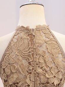 青少年女孩優雅刺繡拼接緞面掛脖收腰大裙擺長洋裝，適合婚禮季、舞會、表演、生日派對、宴會，四季皆宜，秋季、學校、開學、假期 - 棕色 - 查看 8