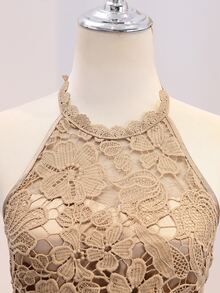 青少年女孩優雅刺繡拼接緞面掛脖收腰大裙擺長洋裝，適合婚禮季、舞會、表演、生日派對、宴會，四季皆宜，秋季、學校、開學、假期 - 棕色 - 查看 5