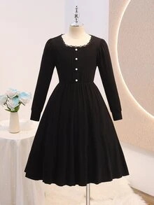 SHEIN 青少年女孩黑色長袖洋裝 返校舞會禮服 秋季洋裝 女孩派對正式優雅洋裝 - 黑色 - 查看 5
