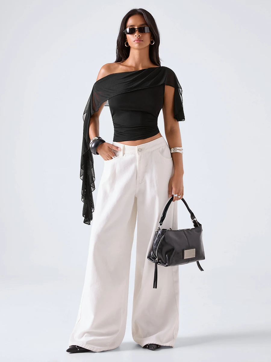 LYSMO Summer Fashion Commuter Asymmetric Collar Top - Black - View 1