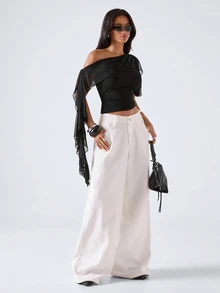 LYSMO Summer Fashion Commuter Asymmetric Collar Top - Black - View 4