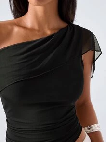LYSMO Summer Fashion Commuter Asymmetric Collar Top - Black - View 7