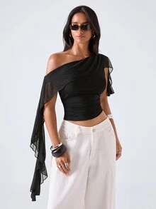 LYSMO Summer Fashion Commuter Asymmetric Collar Top - Black - View 6