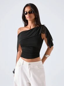 LYSMO Summer Fashion Commuter Asymmetric Collar Top - Black - View 5