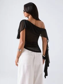 LYSMO Summer Fashion Commuter Asymmetric Collar Top - Black - View 2