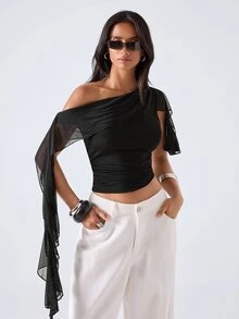 LYSMO Summer Fashion Commuter Asymmetric Collar Top - Black - View 3