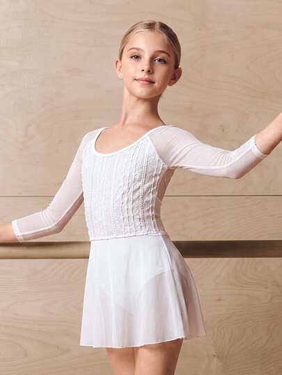 Tween Girl All White Kids Patchwork One-Piece Sports Dress, Soft Girl Ballet Tulle Long Sleeve Gymnastics Leotard, Silky Elastic Fabric Dance