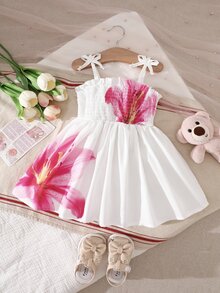 SHEIN Baby Girls Cute Casual Tropical Heart Pattern Dress Vacation White And Pink Summer Beach - White - View 4