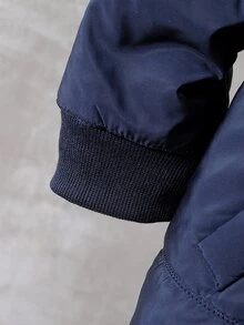 Souflis 1件男童冬季海軍藍極簡休閒純色單排扣抓絨內裡連帽長袖加厚外套，寬鬆版型，舒適，適合日常穿著、學校活動、戶外玩耍、節日聚會、拍照 - 藍色 - 查看 7