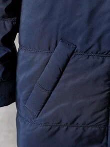 Souflis 1件男童冬季海軍藍極簡休閒純色單排扣抓絨內裡連帽長袖加厚外套，寬鬆版型，舒適，適合日常穿著、學校活動、戶外玩耍、節日聚會、拍照 - 藍色 - 查看 5