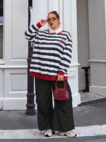 SHEIN CURVE+ 休閒優雅極簡風女款大尺碼條紋龍蝦印花圓領長袖寬鬆衛衣，度假秋季穿搭，俱樂部生日海軍藍 - 紅色 - 查看 5