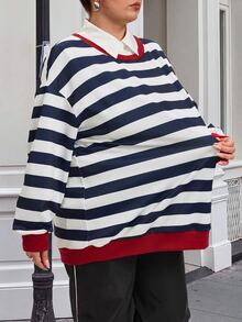 SHEIN CURVE+ 休閒優雅極簡風女款大尺碼條紋龍蝦印花圓領長袖寬鬆衛衣，度假秋季穿搭，俱樂部生日海軍藍 - 紅色 - 查看 4