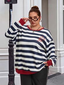 SHEIN CURVE+ 休閒優雅極簡風女款大尺碼條紋龍蝦印花圓領長袖寬鬆衛衣，度假秋季穿搭，俱樂部生日海軍藍 - 紅色 - 查看 9