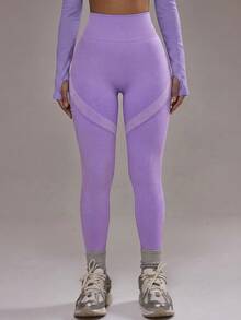 SHEIN Sports 女款拼色休閒百搭日常穿著運動緊身褲 - 紫色 - 查看 4