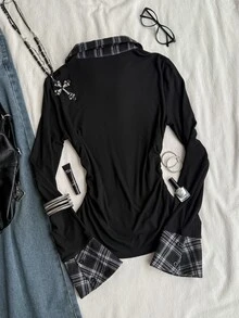 Attitoon Kaos Lengan Panjang Kancing Motif Kotak-kotak Gaya Korea untuk Liburan Wanita - Hitam - View 2