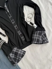 Attitoon Kaos Lengan Panjang Kancing Motif Kotak-kotak Gaya Korea untuk Liburan Wanita - Hitam - View 4