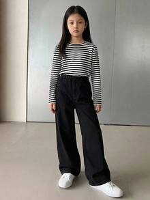 Dazy Kids 女童牛仔褲 春夏新款 後口袋水鑽喇叭褲 (大號) - 黑色 - 查看 6