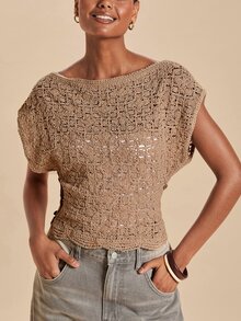Travachic Women's Boat Neck Batwing Short Sleeve Hollow Knit Top - Apricot - View 4