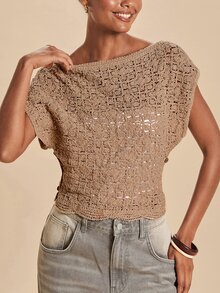 Travachic Women's Boat Neck Batwing Short Sleeve Hollow Knit Top - Apricot - View 7