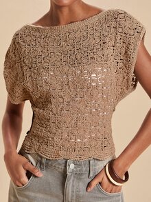 Travachic Women's Boat Neck Batwing Short Sleeve Hollow Knit Top - Apricot - View 2