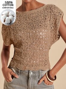 Travachic Women's Boat Neck Batwing Short Sleeve Hollow Knit Top - Apricot - View 1