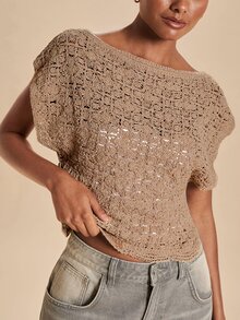 Travachic Women's Boat Neck Batwing Short Sleeve Hollow Knit Top - Apricot - View 6