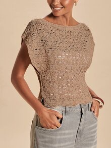 Travachic Women's Boat Neck Batwing Short Sleeve Hollow Knit Top - Apricot - View 9