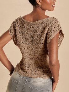 Travachic Women's Boat Neck Batwing Short Sleeve Hollow Knit Top - Apricot - View 3