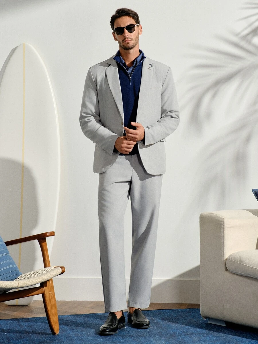 VeloEdit Men's Light Grey Summer Casual Business 2 Pieces Suit,Solid Color Suit Set Jacket And Pants,Simple Fashion Wedding Prom Suit For Daily Wear Husband WeddingFall Winter Formal - Light Grey - View 1