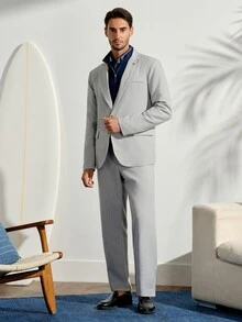 VeloEdit Men's Light Grey Summer Casual Business 2 Pieces Suit,Solid Color Suit Set Jacket And Pants,Simple Fashion Wedding Prom Suit For Daily Wear Husband WeddingFall Winter Formal - Light Grey - View 3