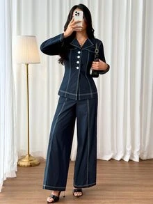SHEIN PETITE 前開襟長袖襯衫與休閒長褲套裝，100%純棉 - 藏蓝色 - 查看 1