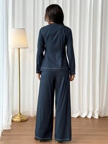 SHEIN PETITE 前開襟長袖襯衫與休閒長褲套裝，100%純棉 - 藏蓝色 - 查看 2