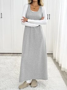 Easowa Square Neck Contrast Color Patchwork 2 In 1 Long Sleeve Knit Dress Brunch White Grey Autumn Casual - Multicolor - View 5