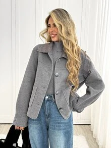 Easowa Contrast Color Patchwork Button Front Regular Jacket Casual Relaxed Elegant Commuter Old Money Style Autumn/Winter Women's Regular Jacket Office Grey - Grey - View 2