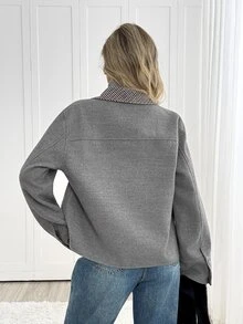 Easowa Contrast Color Patchwork Button Front Regular Jacket Casual Relaxed Elegant Commuter Old Money Style Autumn/Winter Women's Regular Jacket Office Grey - Grey - View 3