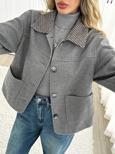 Easowa Contrast Color Patchwork Button Front Regular Jacket Casual Relaxed Elegant Commuter Old Money Style Autumn/Winter Women's Regular Jacket Office Grey