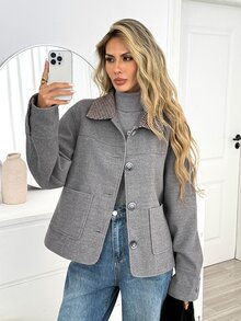 Easowa Contrast Color Patchwork Button Front Regular Jacket Casual Relaxed Elegant Commuter Old Money Style Autumn/Winter Women's Regular Jacket Office Grey - Grey - View 5