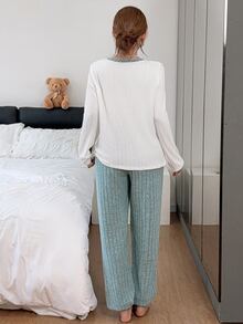 SHEIN Autumn/Winter Thin Fleece Sweet Embroidered Heart Home Wear 2 Pieces Set - Baby Blue - View 2