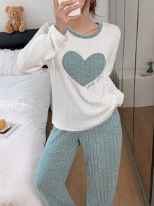 SHEIN Autumn/Winter Thin Fleece Sweet Embroidered Heart Home Wear 2 Pieces Set - Baby Blue - View 5