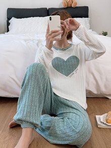 SHEIN Autumn/Winter Thin Fleece Sweet Embroidered Heart Home Wear 2 Pieces Set - Baby Blue - View 3