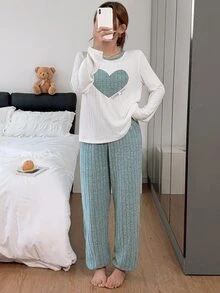 SHEIN Autumn/Winter Thin Fleece Sweet Embroidered Heart Home Wear 2 Pieces Set - Baby Blue - View 4