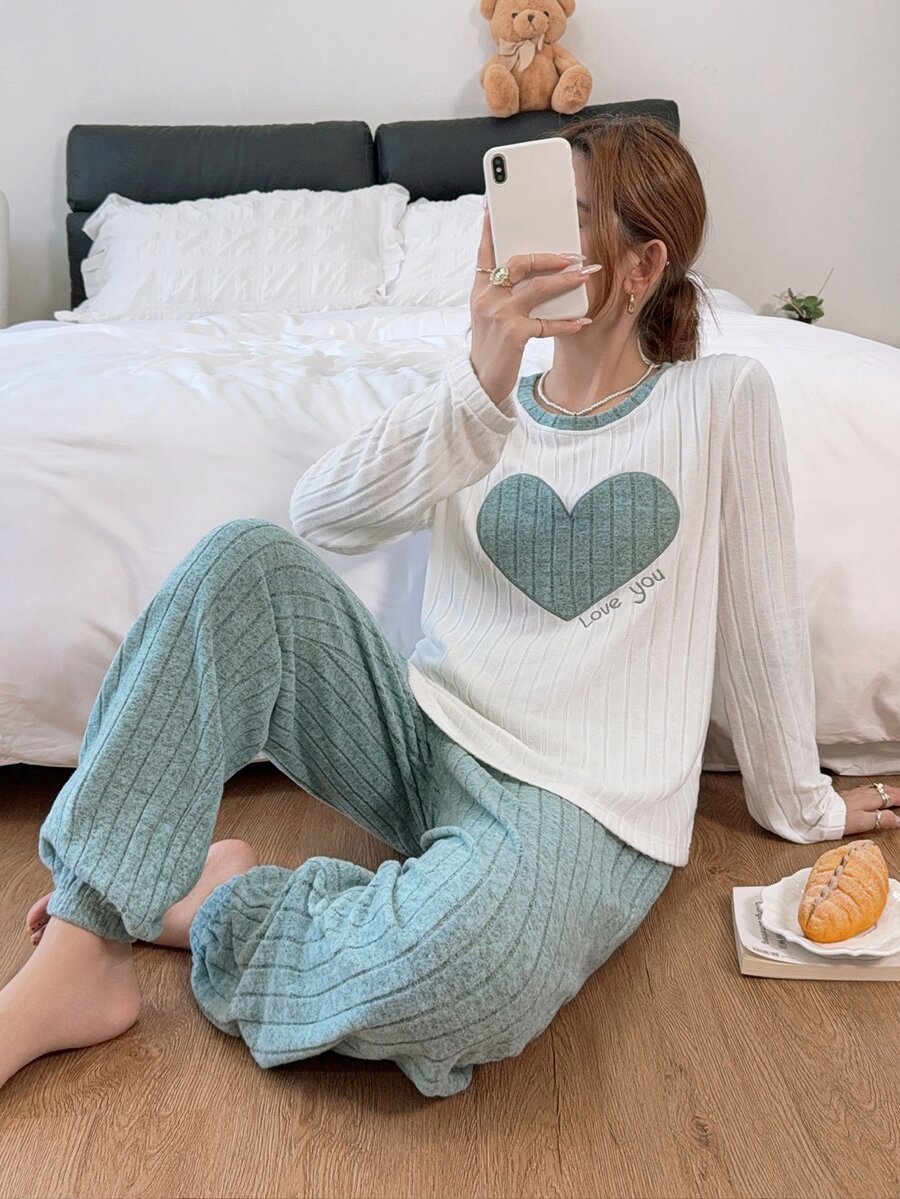 SHEIN Autumn/Winter Thin Fleece Sweet Embroidered Heart Home Wear 2 Pieces Set - Baby Blue - View 1