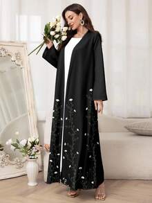Al Najma Women's Elegant Floral Printed Arabic Abaya Robe, Modest - Black - View 3