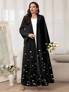 Al Najma Women's Elegant Floral Printed Arabic Abaya Robe, Modest - Black - View 6